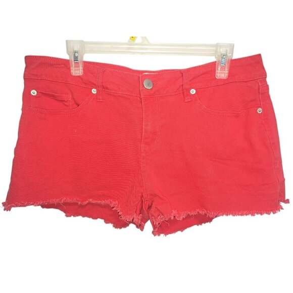 No Boundaries Womens Red Denim Shorts 17 Raw Frayed Hem Stretch Mid Rise - Picture 1 of 5